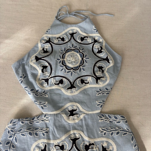 Mango Embroidered Halter Linen Blend Cutout Mini Dress Blue 6 - Picture 4 of 11